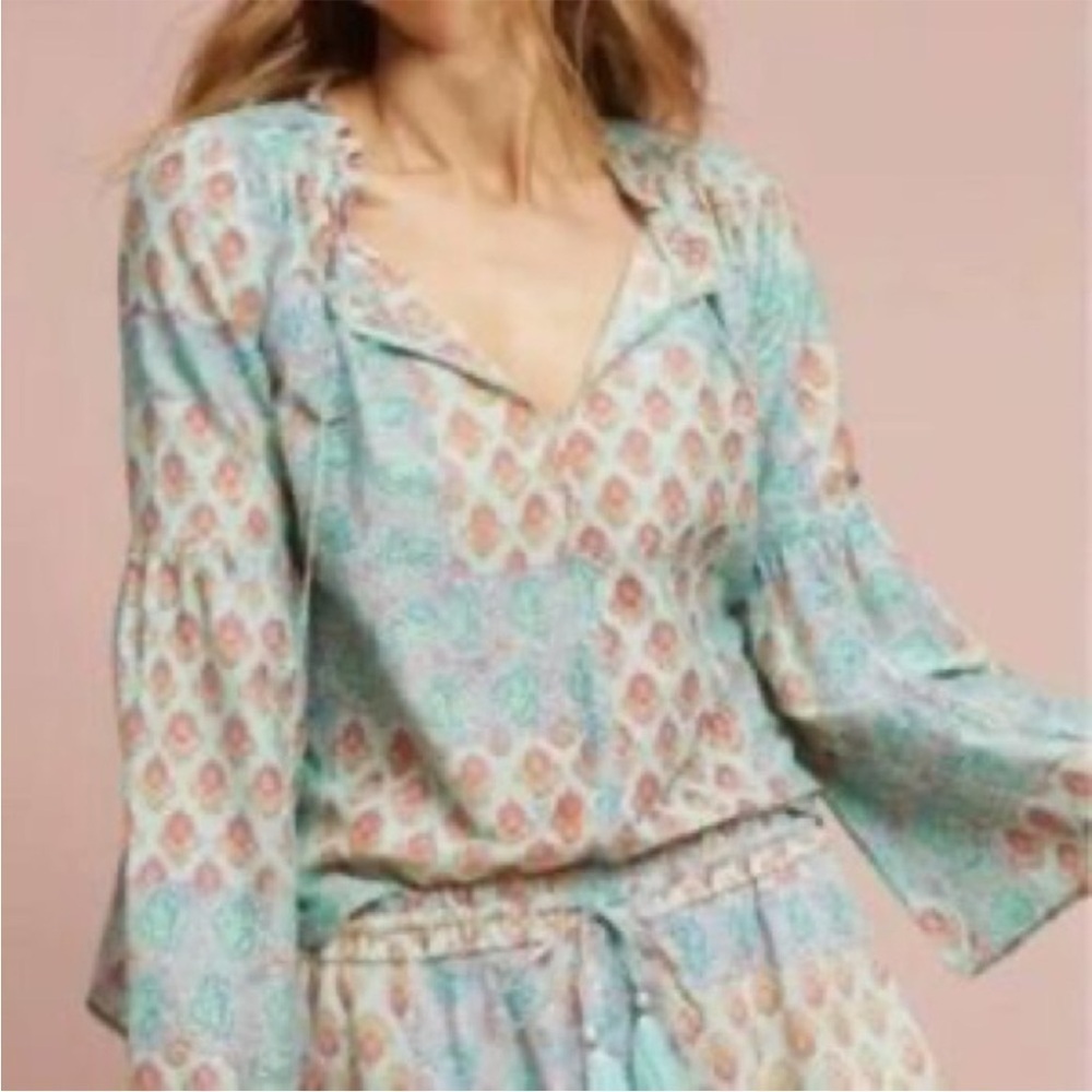 Anthropologie Lilka Sweetest Dreams Sleep Top Green Tie closure tassels Sz S